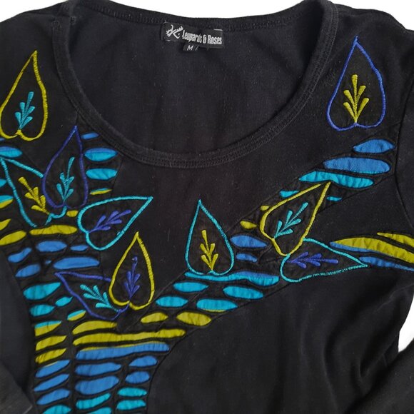 Boho Goth Fairy Top Size M Black Multicolor Embroidered Long Sleeve Hip Length - Picture 3 of 7